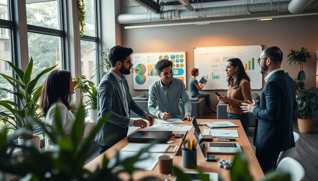 A vibrant office environment showcasing a diverse team of professionals collaborating in a modern workspace. In the foreground, a group of four individuals, dressed in smart casual attire, are engaged in a spirited discussion around a table filled with digital devices and design sketches. The middle ground features large windows allowing natural light to flood in, highlighting green plants and a cozy lounge area where more employees share ideas. In the background, a whiteboard covered with colorful charts symbolizes innovation and teamwork. The scene is illuminated with a warm, inviting light, creating a positive atmosphere. Shot on a Sony A7R IV with a 70mm lens, the image is sharply focused and well-composed, using a polarized filter to enhance clarity and vibrancy.