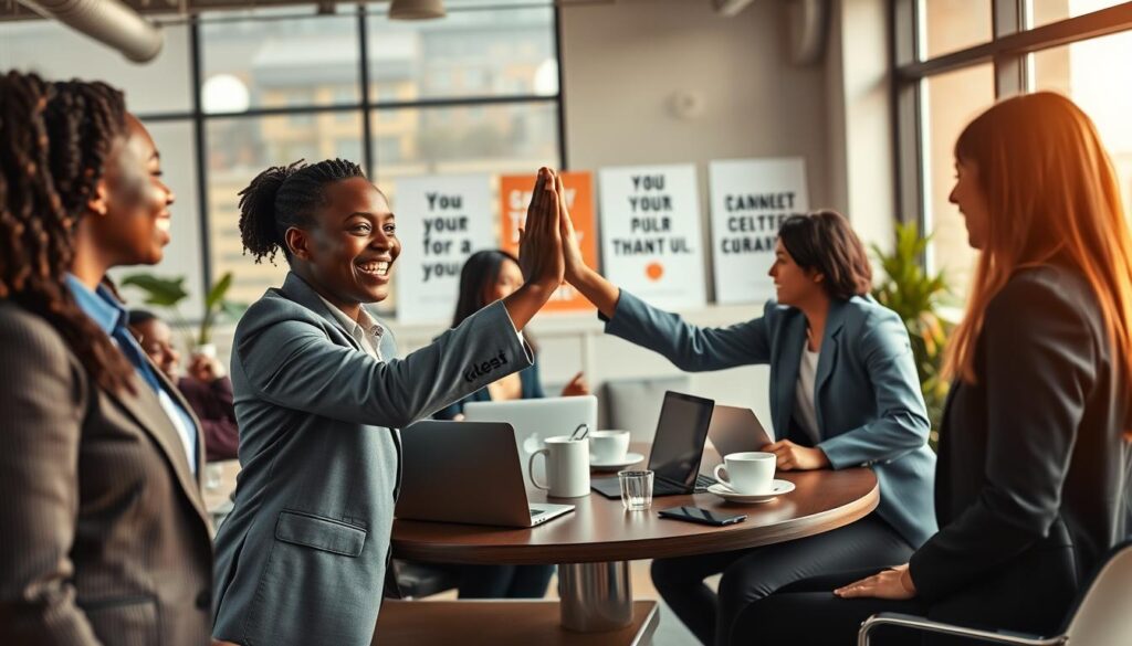 A vibrant office environment showcasing a recognition culture, featuring a diverse group of professionals engaging in teamwork. In the foreground, two colleagues, one Black and one Asian, are exchanging high-fives, their expressions filled with joy and appreciation, wearing smart business attire. In the middle, a round table with a team celebrating a recent achievement, with open laptops and coffee cups, surrounded by motivational posters promoting recognition and gratitude. The background shows an office space with large windows letting in warm, natural light, creating a lively yet focused atmosphere. Shot with a Sony A7R IV at 70mm, utilizing a polarized filter for enhanced clarity, capturing the essence of teamwork and recognition.