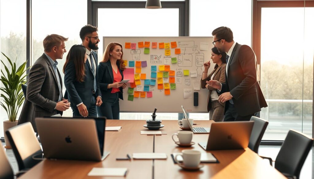 A vibrant office setting depicting a diverse team engaged in a dynamic brainstorming session. In the foreground, a group of three professionals, dressed in smart business attire, animatedly discussing ideas over a large whiteboard filled with colorful post-it notes and diagrams. The middle ground features a sleek conference table with laptops open, coffee cups, and notepads, emphasizing collaboration. In the background, large windows allow natural light to flood the room, creating a bright and inviting atmosphere. The image is sharply defined, captured with a Sony A7R IV at 70mm, showcasing the energy and enthusiasm of teamwork. The overall mood is positive and motivating, reflecting a strong sense of unity and engagement among team members.