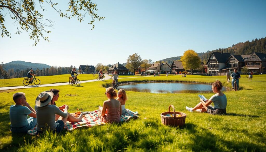 A vibrant outdoor scene depicting popular leisure activities in Germany during a sunny afternoon. In the foreground, a diverse group of friends is enjoying a picnic on a lush green meadow, with a colorful blanket and a basket filled with snacks. In the middle ground, people engage in various activities: cycling along a picturesque path, playing frisbee, and reading books under trees. A small lake reflects the clear blue sky, enhancing the serene atmosphere. In the background, traditional German architecture and rolling hills create a charming landscape. The lighting is warm and inviting, captured with a Sony A7R IV at 70mm, featuring crisp focus and rich details, complemented by a polarized filter to enhance colors. The overall mood is joyful and relaxed, celebrating leisure time in Germany. A vibrant outdoor scene depicting popular leisure activities in Germany during a sunny afternoon. In the foreground, a diverse group of friends is enjoying a picnic on a lush green meadow, with a colorful blanket and a basket filled with snacks. In the middle ground, people engage in various activities: cycling along a picturesque path, playing frisbee, and reading books under trees. A small lake reflects the clear blue sky, enhancing the serene atmosphere. In the background, traditional German architecture and rolling hills create a charming landscape. The lighting is warm and inviting, captured with a Sony A7R IV at 70mm, featuring crisp focus and rich details, complemented by a polarized filter to enhance colors. The overall mood is joyful and relaxed, celebrating leisure time in Germany.