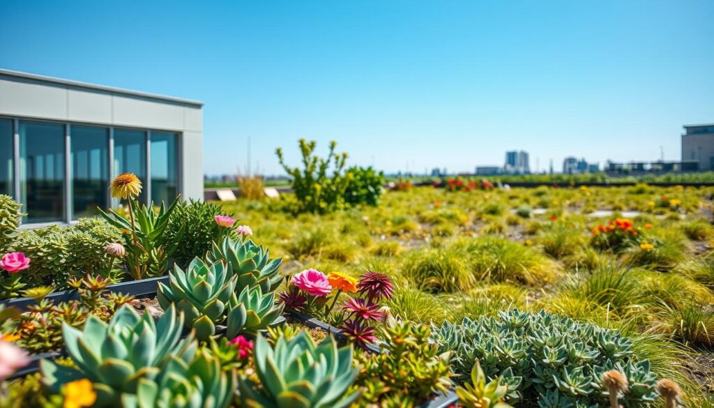 A vibrant rooftop garden showcasing various types of green plants and flowers, designed for urban living. In the foreground, an array of lush succulents and colorful blossoms is neatly arranged on a modern rooftop structure. The middle ground features a well-maintained extensive green roof with diverse vegetation, including grasses and small shrubs. In the background, a clear blue sky complements the scene, with sunlight casting soft shadows across the plants, enhancing their colors. The image captures the essence of sustainable architecture and urban ecology, promoting the benefits of green roofs. Shot on a Sony A7R IV at 70mm for a sharply defined focus, using a polarized filter to enrich the colors and contrast, the overall mood is fresh, inviting, and connected to nature.