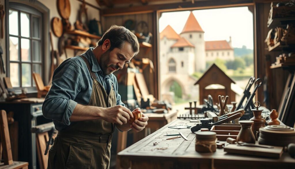 A vibrant scene capturing the essence of craftsmanship in Bückeburg, showcasing artisans engaged in creative woodworking and metalworking. In the foreground, a skilled craftsman, dressed in professional attire, meticulously shapes a piece of wood with traditional tools, exuding focus and precision. The middle ground features a workbench cluttered with handmade items and tools, symbolizing innovation and creativity in regional craftsmanship. In the background, the iconic architecture of Bückeburg, such as the majestic castle, creates a rich historical context. Soft, natural lighting filters through a nearby window, casting gentle shadows, while vivid colors enhance the atmosphere of creativity and passion for handmade artistry. Shot on a Sony A7R IV, 70mm lens with a polarized filter for clarity and depth.