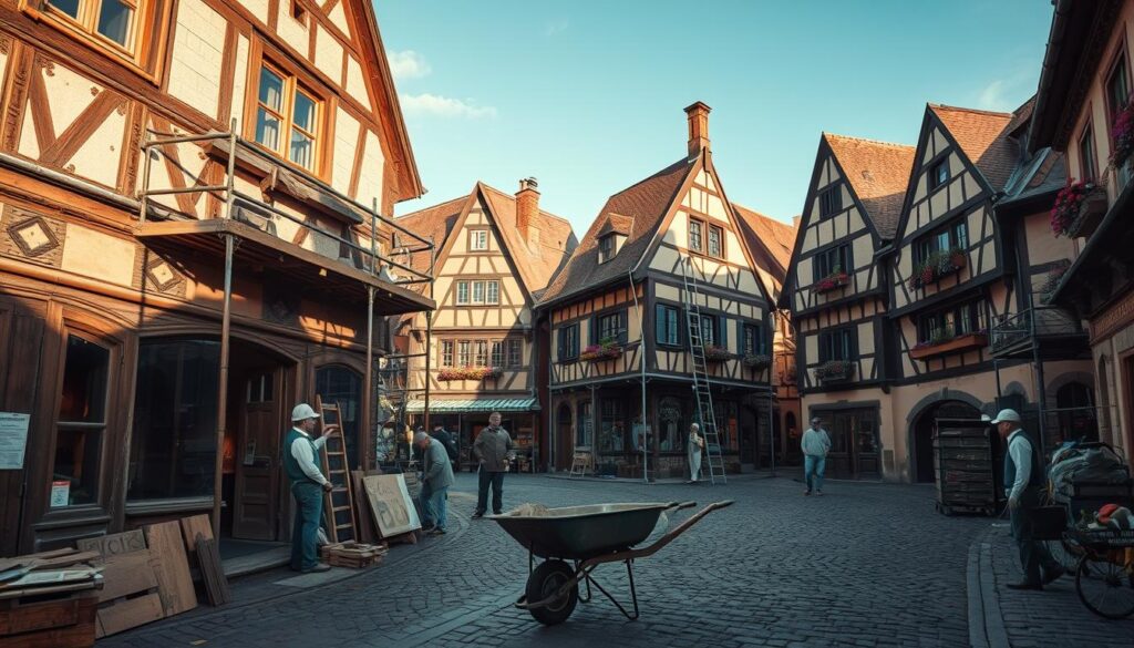 A vibrant scene capturing the essence of renovation projects in a historic old town. In the foreground, skilled artisans in professional attire are diligently restoring ornate wooden facades and stonework of traditional half-timbered houses, showcasing intricate details and textures. In the middle ground, scaffolding surrounds several buildings, signifying active work, while a wheelbarrow and tools are artistically placed to enhance the work-in-progress atmosphere. The background features charming cobblestone streets lined with blooming window boxes under a clear blue sky, illuminating the scene with warm, natural lighting. Shot on a Sony A7R IV at 70mm, with a polarized filter for enhanced colors and sharpness, this composition conveys a sense of community and dedication to preserving the architectural heritage of the town.