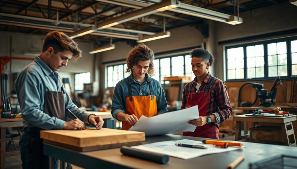 A vibrant scene demonstrating opportunities for young people in the skilled trades, featuring a diverse group of three young adults in professional work attire, engaging in hands-on activities. In the foreground, one individual is focused on woodworking at a workshop table, while another is inspecting a set of blueprints nearby. The middle ground showcases a well-organized workshop with tools and materials, highlighting various trades such as carpentry, plumbing, and electrical work. In the background, large windows let in warm, natural light, illuminating the space with an inviting glow. The atmosphere is one of collaboration and learning, evoking a sense of hope and potential for future careers. The image should be shot on a Sony A7R IV, 70mm lens, clearly focused and sharply defined, using a polarized filter to enhance colors.