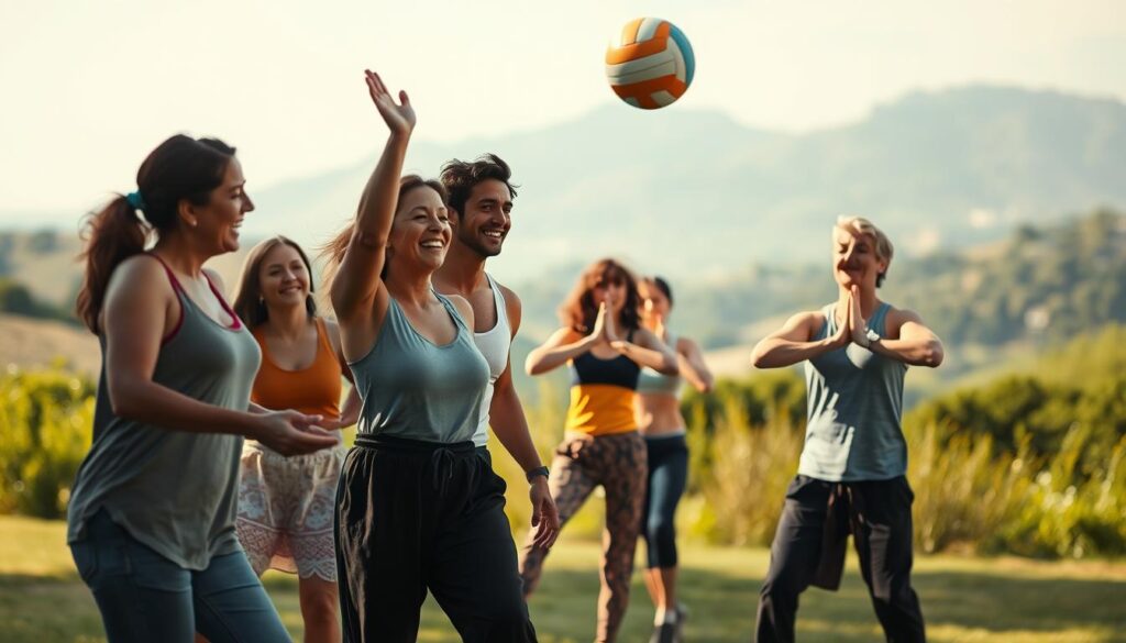 A vibrant scene depicting individuals engaging in various sports activities to illustrate stress relief. In the foreground, a diverse group of adults dressed in modest athletic wear enjoys a lively game of volleyball, exuding joy and camaraderie. In the middle ground, a couple practices yoga, embodying tranquility as they perform poses under the warm sunlight. The background features greenery and scenic hills, creating a peaceful atmosphere. Soft, natural lighting enhances the sense of wellness, while the camera captures the action with a clear focus, using a Sony A7R IV at 70mm, showcasing sharp details. The overall mood is uplifting and energizing, emphasizing movement as a powerful method for stress reduction.