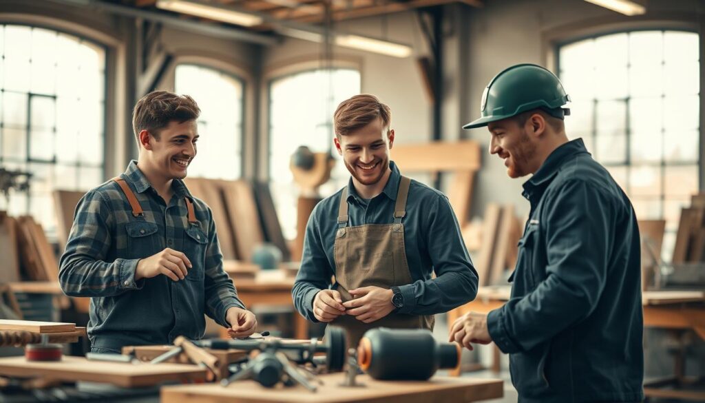 A vibrant scene depicting young craftsmen in a modern workshop in the Weserbergland, showcasing market opportunities. In the foreground, a diverse group of three young artisans – a carpenter, a metalworker, and an electrician – are engaged in a collaborative project, smiling and exchanging ideas. They wear smart casual attire, reflecting professionalism. The middle ground features various tools and materials, highlighting the craftsmanship aspect. The background displays large windows, flooding the space with warm natural light, accentuating the workshop’s inviting atmosphere. The image should be shot with a Sony A7R IV at 70mm, ensuring clear focus on the artisans, with a sharply defined background. The mood is optimistic and inspiring, capturing the essence of growth and opportunity for young craftsmen.
