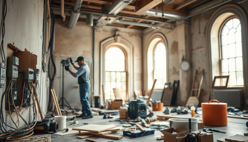 A vibrant scene of professional electrical installation in a historic building undergoing modernization. In the foreground, a skilled electrician in professional attire meticulously works with modern wiring and tools, demonstrating expertise and attention to detail. The middle ground showcases a partially renovated wall, revealing new electrical components alongside vintage architectural features, highlighting the blend of old and new. In the background, soft, natural light filters through large windows, illuminating the workspace and emphasizing the clean lines and organized chaos of the tools and materials scattered around. The overall mood is one of focused professionalism and the promise of transformation, captured with a Sony A7R IV at 70mm, ensuring a sharp, clearly focused image with polarized clarity.
