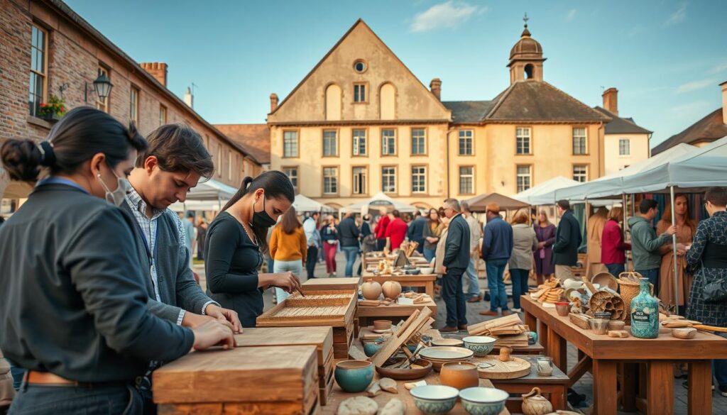 A vibrant scene showcasing a lively craft fair in a quaint town square, filled with skilled artisans engaging with attendees. In the foreground, a group of four diverse professionals in smart casual attire demonstrates woodworking techniques. The middle ground features colorful booths displaying handmade goods like pottery, textiles, and tools, while visitors interact and admire the craftsmanship. In the background, a historic building serves as a backdrop, under a clear blue sky, with gentle sunlight illuminating the scene. Shot on a Sony A7R IV at 70mm, using a polarized filter to enhance colors, with a sharply defined focus capturing the excitement and community spirit of craftsmanship. The atmosphere is inviting and collaborative, reflecting a strong sense of network and learning in the trades.