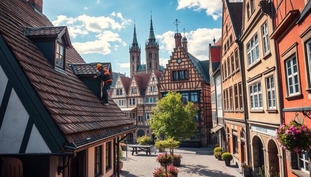 A vibrant scene showcasing ongoing renovation projects in the historic Altstadt of Hameln, capturing the beautiful Weserrenaissance architecture with its distinctive gables and ornate details. In the foreground, skilled roofers in professional work attire are carefully repairing a traditional roof, using historic materials to match the surrounding buildings. The middle ground features scaffolding along charming cobblestone streets, surrounded by blooming flowers and trees, reflecting a sense of renewal. In the background, the striking architecture of the old town rises against a clear blue sky with soft, dappled sunlight illuminating the structures. Shot on a Sony A7R IV at 70mm, ensuring a crisp focus and sharp details, enhanced by a polarized filter to enhance colors and contrasts, creating an inviting and optimistic atmosphere.