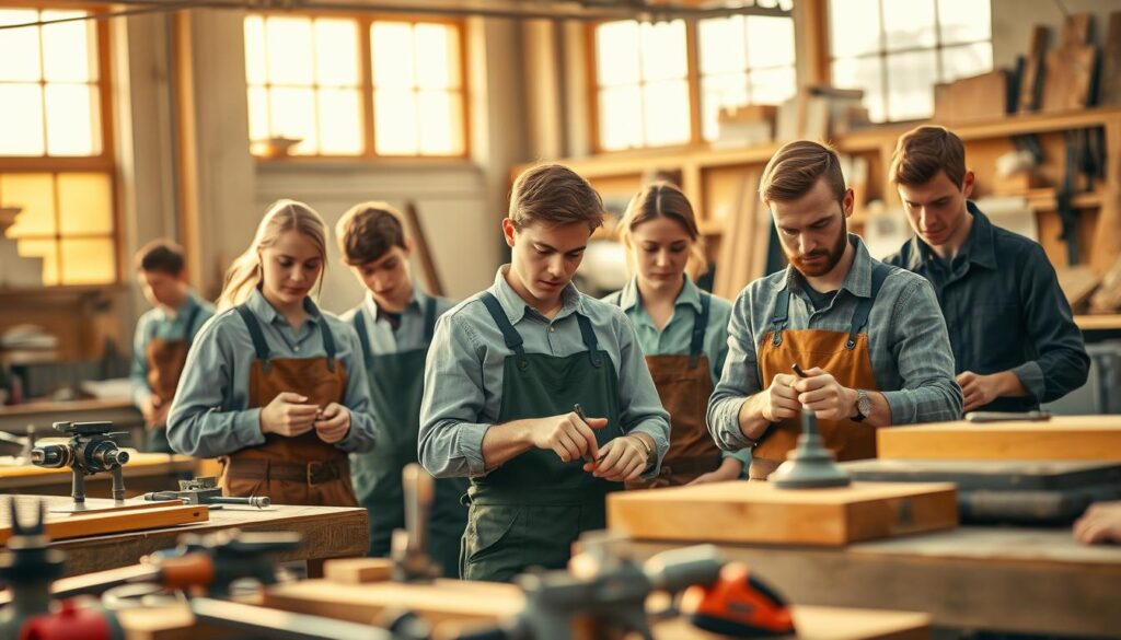 A vibrant training workshop scene in Weserbergland, showcasing skilled trades in action. In the foreground, a diverse group of young apprentices, dressed in professional work attire, actively engaged in hands-on tasks like carpentry or metalwork, studying tools and materials. The middle ground features a well-equipped workshop, with various tools neatly arranged and workbenches cluttered with projects in progress. In the background, large windows let in warm, natural sunlight, illuminating the workspace and creating an inviting atmosphere. Shot on Sony A7R IV with a 70mm lens, the image is sharply defined with a polarized filter, capturing the determined expressions of the apprentices and the camaraderie among them, reflecting a mood of learning and collaboration in the trades.