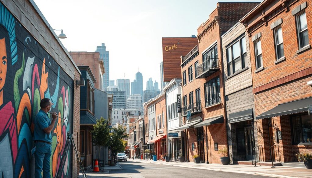 A vibrant urban scene showcasing various facade design techniques for residential and commercial buildings in Minden. In the foreground, a skilled painter in professional attire works diligently on a colorful mural, capturing the essence of modern and traditional styles. The middle ground presents a row of diverse facades featuring textures like stucco, wood paneling, and brickwork, all under a bright, clear sky creating a warm atmosphere. In the background, a city skyline signifies growth and innovation. Shot with a Sony A7R IV at 70mm, the image is sharply defined and clearly focused, with a polarized filter enhancing colors and details. The overall mood conveys creativity and professionalism in facade design, emphasizing the artistry involved in building aesthetics.