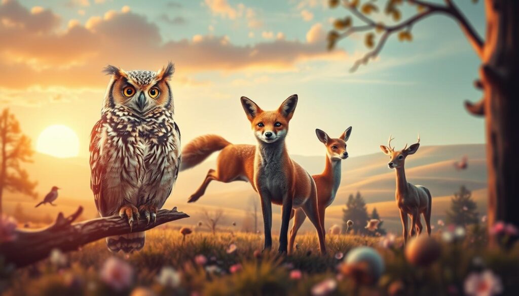 A vibrant, whimsical scene depicting a diverse array of animals personifying various traits and characteristics. In the foreground, a wise owl exudes intelligence and contemplation, perched on a branch, its feathers detailed and lifelike. Next to it, a playful fox represents cleverness, mid-leap with a curious expression. In the middle ground, a serene deer symbolizes gentleness, standing gracefully amidst a softly lit forest glade. The background features a dreamy landscape of rolling hills under a warm sunset, casting a golden hue over the scene. The lighting is soft and warm, creating an inviting atmosphere, captured with a Sony A7R IV at 70mm, clearly focused with sharply defined details enhanced by a polarized filter, rewarding viewers with an enchanting glimpse into the animal kingdom.