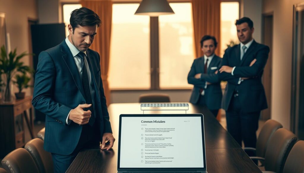 A visual representation of common interview mistakes, centered on a dynamic office setting. In the foreground, a professional-looking candidate fidgets nervously, dressed in business attire, with a slightly confused expression. In the middle ground, an interview table with an open laptop displaying a checklist titled "Common Mistakes". To the background, two interviewers, also in smart business attire, appear engaged but skeptical, with crossed arms and raised eyebrows. The scene is warmly lit, reminiscent of a late afternoon, using soft golden tones that create a welcoming yet serious atmosphere. The image is shot on a Sony A7R IV with a 70mm lens, emphasizing sharp focus and precise definition, with a polarized filter enhancing contrast and vibrancy throughout the setting.