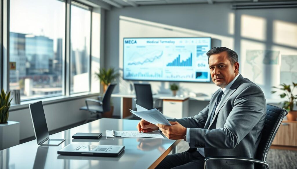 A visually engaging composition illustrating the concept of the abbreviation "z.n." in a professional context. In the foreground, a well-dressed business professional with a neutral expression sits at a sleek office desk, analyzing documents. In the middle ground, a modern workspace filled with charts and graphs related to medical terminology, highlighted on a digital screen. The background features a large window allowing soft, natural light to pour in, casting gentle shadows across the room, enhancing the mood of productivity and understanding. Shot using a Sony A7R IV at 70mm, the image is sharply focused, crystal clear, and employs a polarized filter to enhance color vibrancy.
