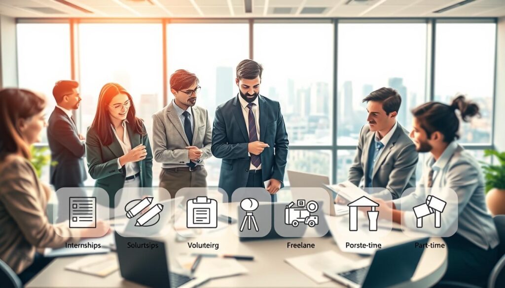 A visually engaging infographic-style illustration featuring various types of professional experiences. In the foreground, diverse professionals in smart business attire discuss and collaborate over a table filled with documents and laptops, representing teamwork and networking. In the middle ground, a series of icons symbolizing different job experiences—internships, volunteering, freelance work, and part-time positions—are arranged creatively. In the background, a bright, modern office landscape with large windows showcasing a city skyline, creating an inspiring atmosphere. The image is shot on a Sony A7R IV with a 70mm lens, ensuring sharp focus and definition. The lighting is natural and diffuse, with a soft glow enhancing the professional ambiance.