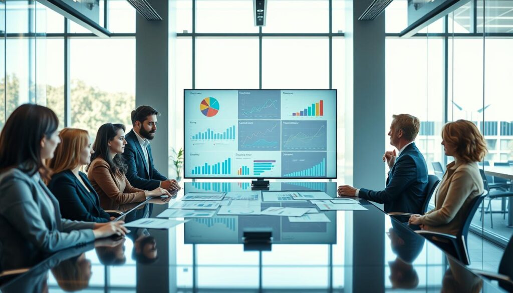 A visually engaging office environment showcasing the advantages of a strong affinity for numbers. In the foreground, a diverse group of professionals, men and women, dressed in smart business attire, are engaged in a collaborative discussion over graphs and charts on a sleek conference table. In the middle, a large digital screen displays dynamic data visualizations and charts that illustrate analytical insights and growth metrics. In the background, a modern office space with floor-to-ceiling windows allowing natural light to flood in, highlighting a vibrant atmosphere. Shot on Sony A7R IV at 70mm, with sharply defined focus and a polarized filter to enhance clarity, creating a professional and inspiring mood. Emphasize the positivity and empowerment that come from numerical literacy and analytical thinking.