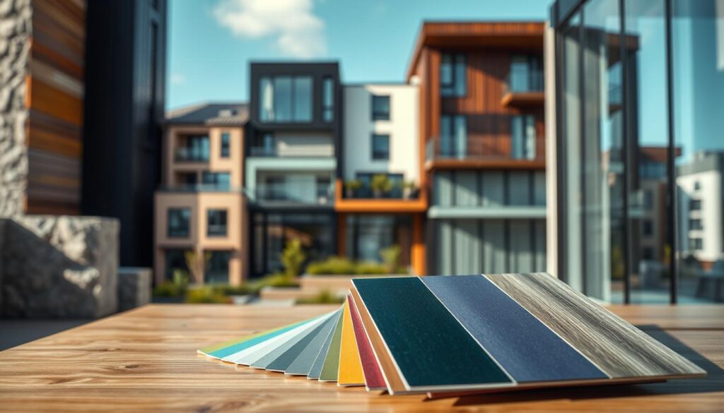 A visually striking display of various facade materials for architectural design, showcasing a collection of textured panels, polished stone, and modern glass elements. In the foreground, a close-up of a vibrant color palette featuring paint samples and coated finishes, presented on a sleek wooden table. The middle ground captures a backdrop of a contemporary building with contrasting architectural styles displaying these materials. In the background, residential and commercial structures blend harmoniously, illustrating practical applications of the facade materials. The scene is illuminated by soft, natural lighting, highlighting the material textures, with a slight sheen from a polarized filter. The mood is professional and inspiring, emphasizing creativity in architectural design. Shot with a Sony A7R IV at 70mm, with a clear focus on the materials.