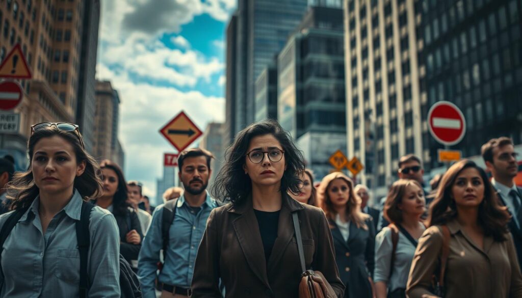 A visually striking illustration of the "Causes of Uncertainty" in everyday life, focusing on a busy city street scene. In the foreground, a diverse group of people dressed in professional and modest casual attire appears lost in thought, displaying varying expressions of confusion and hesitation. In the middle ground, blurred outlines of everyday obstacles like traffic signs and unpredictable weather, symbolizing life's unpredictability. The background features towering buildings under a dynamic sky with shifting clouds, enhancing the atmosphere of uncertainty. The lighting is natural, illuminating the scene with a sense of urgency, while a slight vignette effect draws attention to the central figures. Shot on a Sony A7R IV with a 70mm lens, ensuring clear focus, sharp definition, and a polished look with a polarized filter.