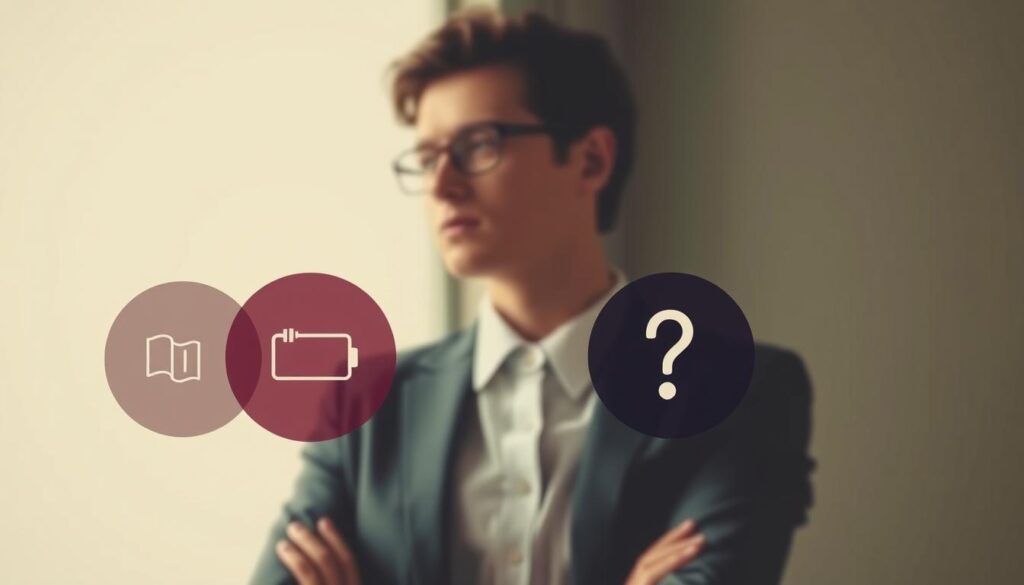 A visually striking illustration representing the "Phases of Burnout." In the foreground, depict a series of three overlapping circles symbolizing the emotional stages: exhaustion, cynicism, and inefficacy. Each circle contains a symbol associated with its phase, like a battery icon for exhaustion, a broken heart for cynicism, and a question mark for inefficacy. In the middle ground, show a professional in business attire, gazing contemplatively at the circles, reflecting on their experience. The background features a soft gradient transitioning from light to dark, symbolizing the journey from wellness to burnout. Soft, diffused lighting enhances the emotional depth. Shot with a Sony A7R IV at 70mm, ensuring sharp focus and clarity, employing a polarized filter to emphasize contrast and detail throughout the image. The atmosphere is contemplative, evoking a sense of reflection and understanding.