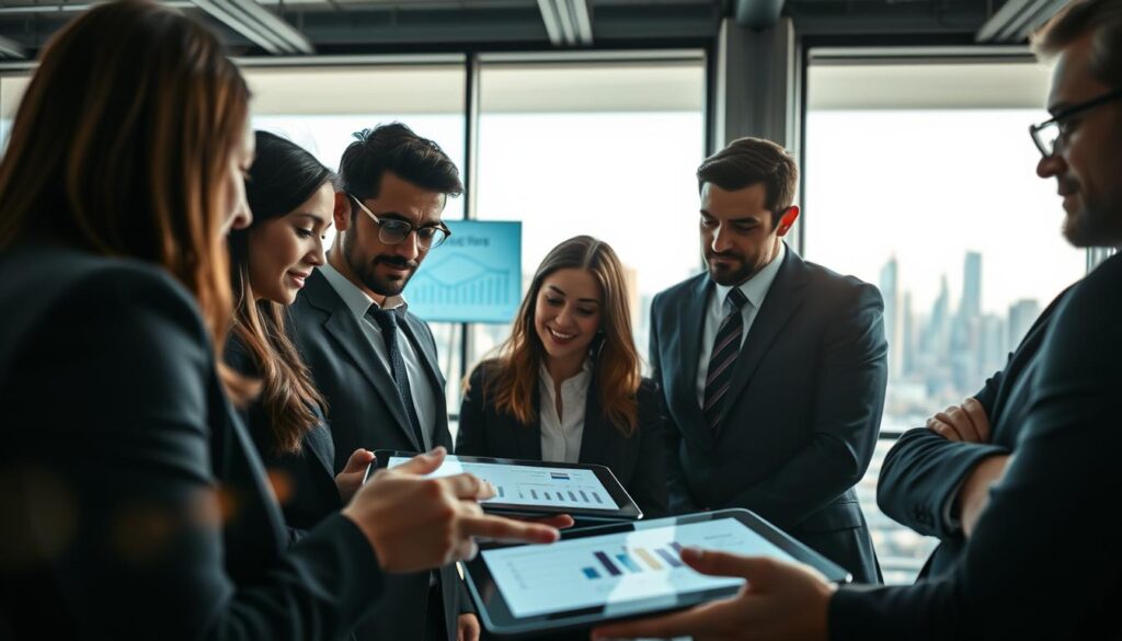 A visually striking image representing "Mobiloptimierung" in a business context. In the foreground, a diverse group of professionals, dressed in business attire, collaborates around a sleek, modern tablet displaying mobile optimization metrics. In the middle ground, an office setting features large windows with natural light flooding the room, showcasing charts and graphs on digital screens, indicating trends and technologies in mobile optimization. The background reveals a bustling city skyline, symbolizing a digital landscape. This scene is captured with a Sony A7R IV at 70mm, ensuring sharp focus and defined details, enhanced by a polarized filter to create vibrant colors and eliminate glare. The overall atmosphere is one of innovation and progress in digital transformation, emphasizing teamwork and technology.