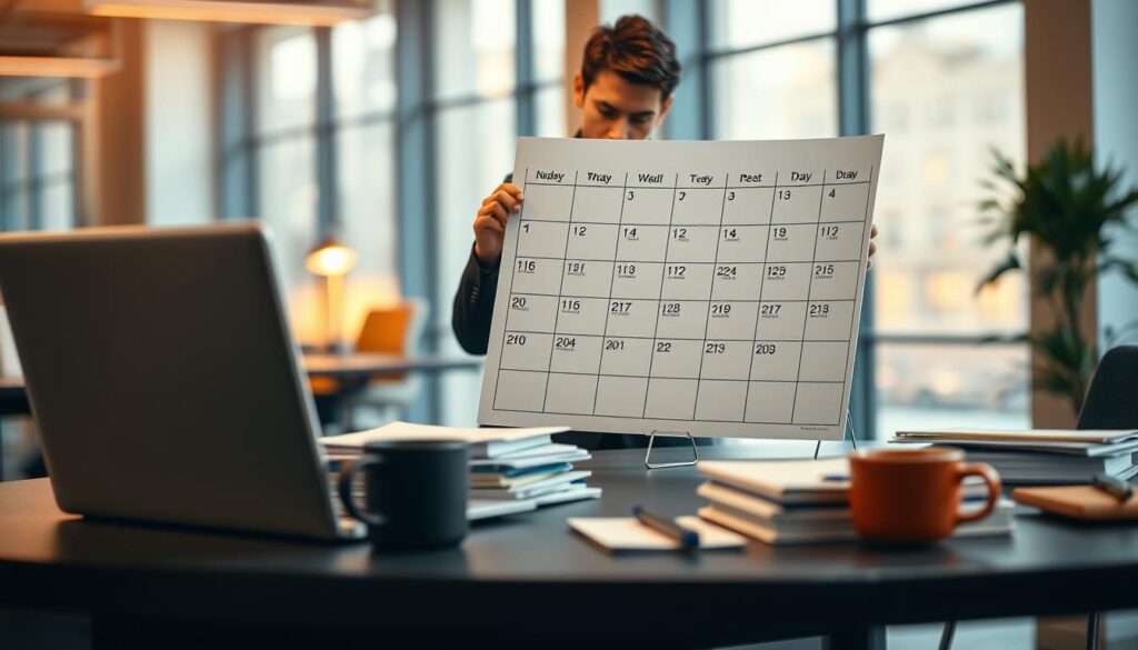 A visually striking image showcasing a professional workspace focused on the theme of "weekly working hours." In the foreground, a modern desk features a laptop, a stack of documents, and a coffee mug, all elegantly arranged. In the middle ground, a well-dressed businessperson, wearing smart business attire, reviews a weekly calendar filled with work days and rest days, conveying reflection and concentration. The background reveals a contemporary office environment with large windows providing soft, natural lighting that adds warmth to the scene. The overall atmosphere is one of productivity and professionalism. Shot with a Sony A7R IV at 70mm, the image is sharply defined and clearly focused, enhanced by a polarized filter for vibrant colors and detail.
