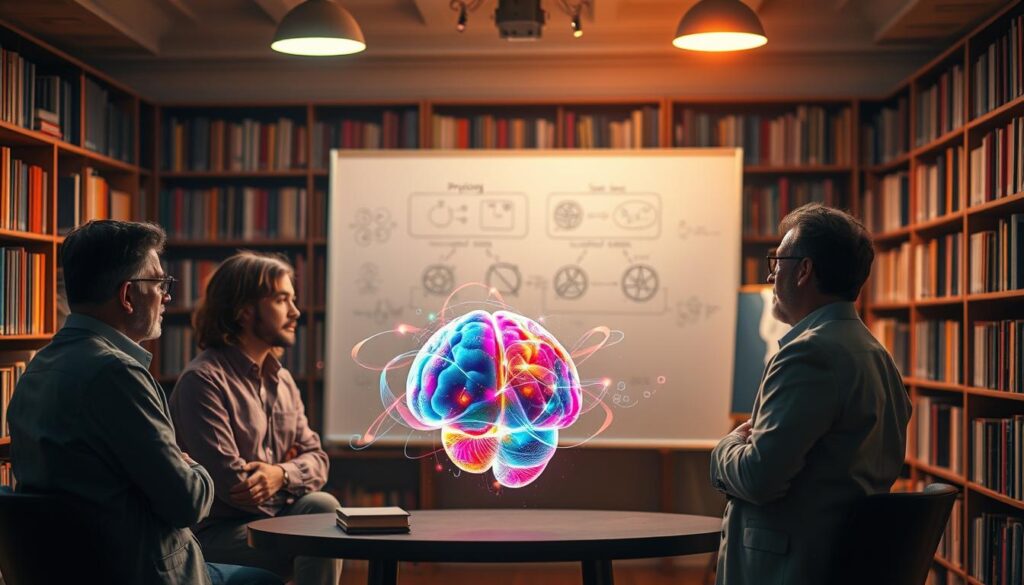 A vivid and thought-provoking scene depicting the psychological analysis of superpowers. In the foreground, a diverse group of professionals (a psychologist, a scientist, and a philosopher) engage in a deep discussion around a glowing abstract representation of various superpowers manifesting as colorful, swirling energies. In the middle ground, a large whiteboard displays complex diagrams illustrating the psychological aspects of superpowers, using charts and symbols. The background showcases a soft, blurred library filled with psychology books, giving the environment an academic feel. The lighting is warm and inviting, created by overhead lamps casting a gentle glow. Shot with a Sony A7R IV at 70mm, the image is sharply defined, capturing the intensity of the discussion while maintaining an air of inspiration and curiosity.