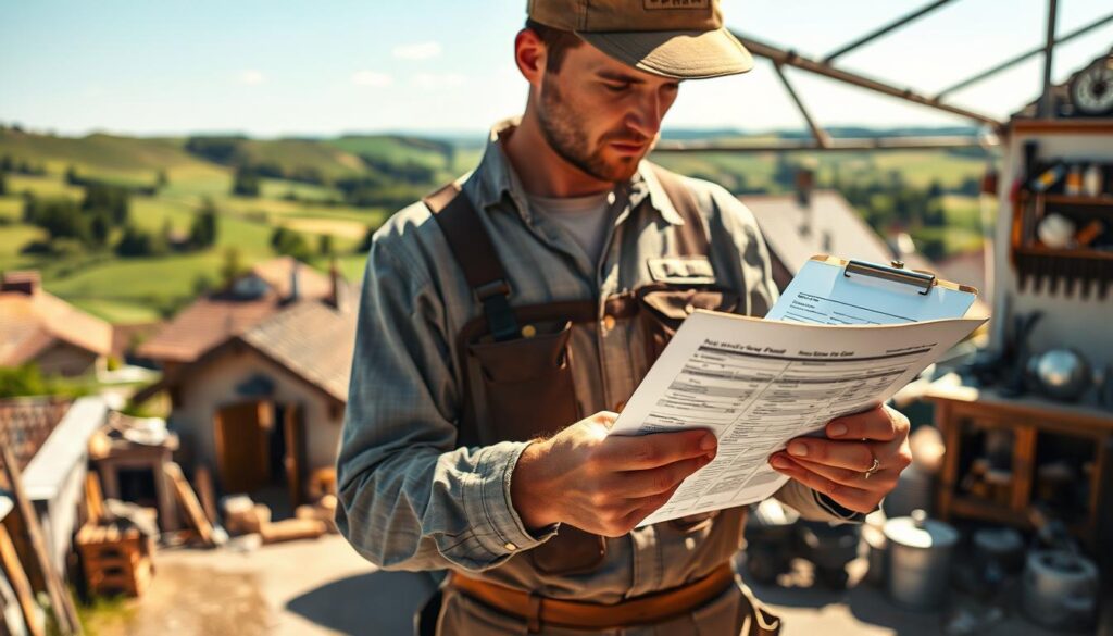 A vivid depiction of the various cost factors associated with craftsmanship services in the Weserbergland region. In the foreground, illustrate a professional technician in modest work attire examining detailed cost breakdowns on a clipboard. The middle ground features a small workshop with tools, materials, and equipment, highlighting the technical aspects of trades such as roofing, painting, and plumbing. In the background, a scenic view of the Weserbergland landscape provides context, with rolling hills and traditional architecture, set under a bright blue sky. The lighting is natural, capturing the essence of a sunny day, while the image is shot with a Sony A7R IV at 70mm, yielding crisp details and vibrant colors, with a polarized filter enhancing contrasts. The atmosphere should convey professionalism and diligence.
