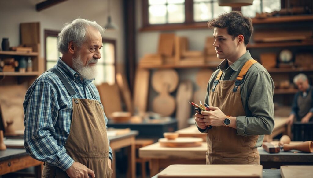 A warm and inviting scene depicting a skilled craftsman and their successor in a workshop, symbolizing trust and collaboration. In the foreground, the elder craftsman, dressed in professional work attire, shares insights while gesturing towards a wooden project. The younger successor, also in modest casual clothing, listens intently, holding a set of tools. The middle background features well-organized workbenches with wooden materials and various handcrafted items, showcasing the craftsmanship of the Weserbergland region. Soft, natural light filters through window panes, creating a cozy atmosphere. The image is sharply defined and clear, shot using a Sony A7R IV at 70mm, emphasizing the connection and communication between the two craftsmen. The overall mood is one of mentorship, collaboration, and trust.
