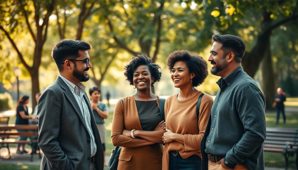 A warm and inviting scene depicting the essence of social support. In the foreground, a diverse group of three people, dressed in smart casual clothing, are engaged in a heartfelt conversation, smiling and leaning towards each other. The middle ground features a cozy park setting with trees and benches, where other small groups of people are seen interacting pleasantly, emphasizing community and connection. In the background, soft sunlight filters through the leaves, creating a serene atmosphere. The image is sharply defined, showcasing the joyful expressions of the individuals. Shot with a Sony A7R IV at 70mm, with a polarized filter, ensuring rich colors and a clear focus on the subjects, evoking a sense of positivity and well-being.