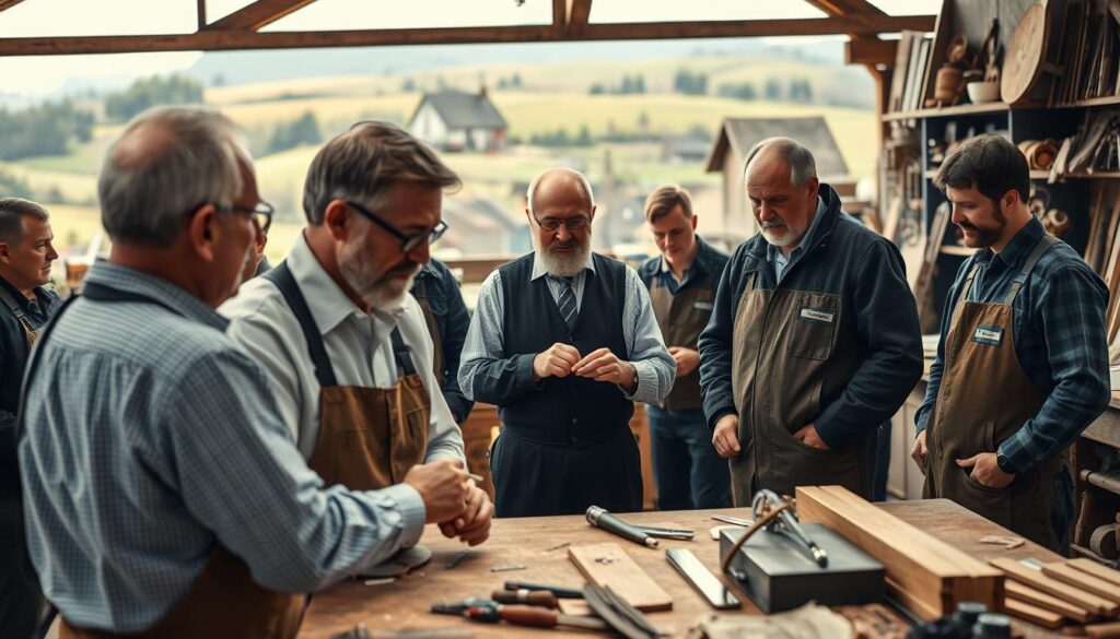 A warm and inviting scene featuring Karl-Wilhelm Steinmann engaged in community service, demonstrating his commitment to craftsmanship and volunteer work. In the foreground, he is shown collaborating with a diverse group of skilled artisans, all dressed in professional business attire. The middle ground depicts a workshop filled with tools and materials, illustrating a sense of collaboration and knowledge sharing. The background reveals the picturesque landscape of Weserbergland, with rolling hills and quaint workshops. The lighting is soft and natural, highlighting the camaraderie and positivity of the moment, with a focus on sharp details and vibrant colors. Shot on Sony A7R IV at 70mm, the image captures the essence of community spirit in craftsmanship, reflecting dedication and teamwork.