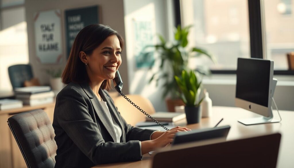 A warm and inviting scene of a professional woman engaged in a friendly telephone conversation in a modern office setting. In the foreground, she is seated at a sleek desk, dressed in a smart business outfit, with a pleasant smile on her face as she listens intently. In the middle, various office supplies and a potted plant add a touch of life to the workspace. The background features soft-focus elements, such as motivational posters and a large window that allows natural light to stream in, creating a bright and uplifting atmosphere. The image is captured with a Sony A7R IV at 70mm, with sharp focus and defined details, enhanced by a polarized filter for clarity. The overall mood conveys professionalism and approachability, embodying the concept of "winning others over with kindness."