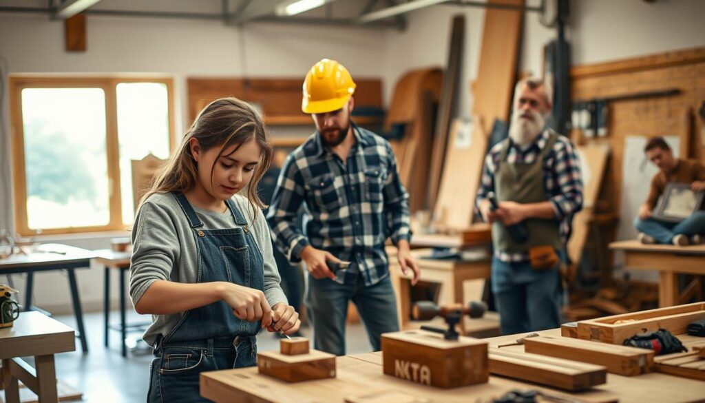 A warm and inviting workshop scene showcasing young individuals engaging in hands-on training. In the foreground, a young woman in modest casual clothing is focused on woodworking, using hand tools with precision. Nearby, a young man in a hard hat learns from a skilled mentor demonstrating safe construction practices. The middle ground features various workstations, equipped with tools and materials typical in craft trades, subtly reflecting different handcrafts like metalworking, textiles, and carpentry. The background reveals a window pouring in natural light, illuminating the workspace and enhancing the atmosphere of collaboration and learning. The image is shot on a Sony A7R IV, 70mm lens, with a polarized filter to ensure vibrant colors and sharp details, conveying a sense of excitement and opportunity in the apprenticeships.
