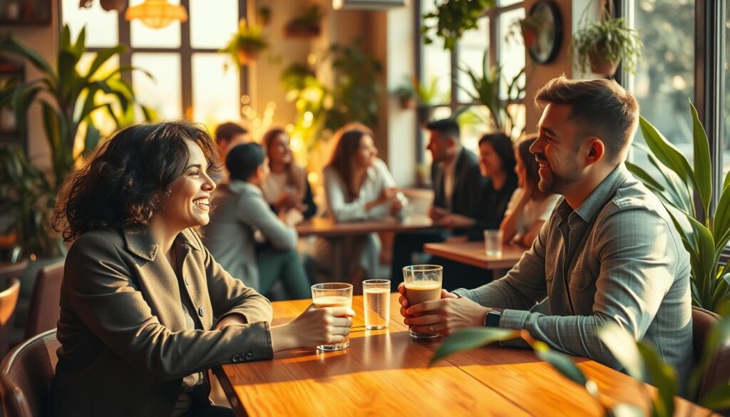 A warm, inviting scene depicting a diverse group of friends engaging in heartfelt conversations in a cozy cafe. In the foreground, two friends of different ethnicities sit at a wooden table, laughing and sharing a drink, both dressed in smart casual attire. The middle layer includes more friends animatedly discussing ideas, emphasizing connections and camaraderie, with joyful expressions. In the background, soft-filtered sunlight streams through large windows, casting gentle shadows and illuminating the vibrant decor filled with plants. The mood is uplifting, with a sense of warmth and belonging, captured in a soft focus. Shot on Sony A7R IV at 70mm, using a polarized filter for clarity and depth, presenting a beautifully balanced scene of friendship and social bonds.