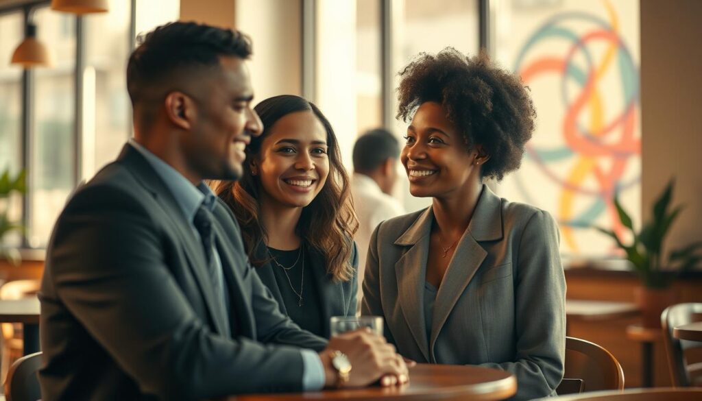 A warm, inviting scene depicting empathy in interpersonal relationships. In the foreground, two individuals of diverse ethnic backgrounds share a genuine, heartfelt conversation, their expressions reflecting understanding and compassion. They are dressed in professional business attire, enhancing the sense of sincerity and connection. In the middle ground, a softly blurred café setting adds a cozy atmosphere, with sunlight filtering through large windows, casting gentle shadows. The background features abstract representations of emotional connections, like intertwining colors and shapes, symbolizing empathy and unity. Shot with a Sony A7R IV at 70mm, the focus is sharp on the subjects, while the background remains softly defined. The mood is uplifting and warm, highlighting the beauty of truly perceiving others.