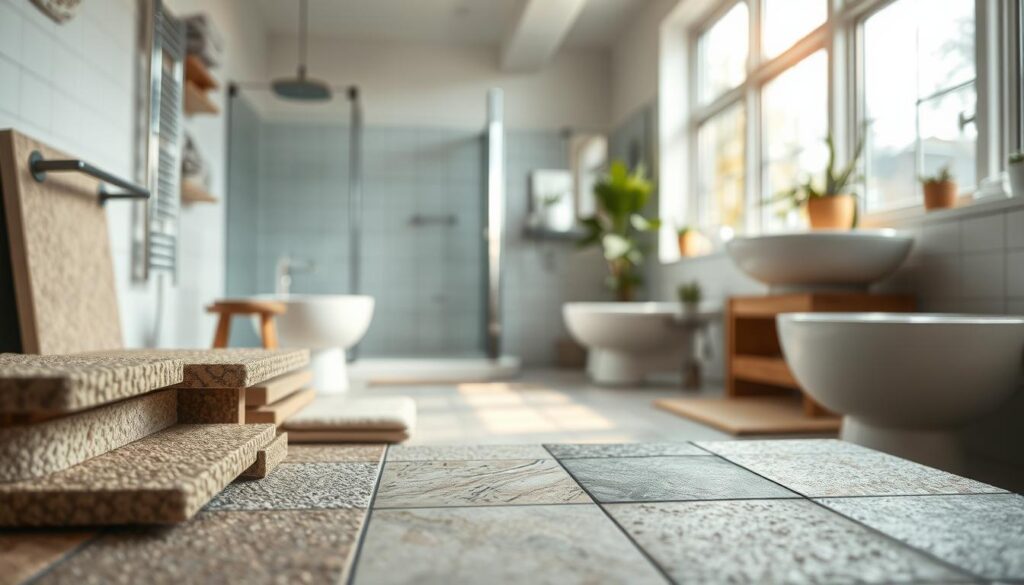A well-arranged display of barrier-free materials for bathroom renovations, featuring textured non-slip tiles, grab bars, and accessible shower fixtures. In the foreground, a close-up of a variety of materials showcases their textures and colors, while the middle ground displays a sample bathroom setup, emphasizing spaciousness and accessibility. The background features soft-focus elements indicating a calming bathroom environment, such as plants or soft lighting. The scene is highlighted with natural light filtering through large windows, creating a bright and welcoming atmosphere. Shot on a Sony A7R IV with a 70mm lens, clearly focused and sharply defined, using a polarized filter to enhance the colors and textures. The mood is professional, inviting, and focused on inclusivity in design.