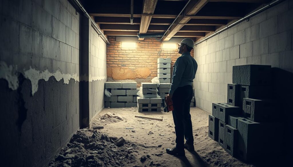 A well-lit image of a basement undergoing renovation, showcasing the process of "Kellersanierung" in Minden. In the foreground, a professional builder in business attire inspects the damp wall, equipped with tools, emphasizing attention to detail. The middle layer displays construction materials like concrete blocks and waterproofing membranes, neatly organized. In the background, a partially exposed foundation highlights the work being done, with bright, diffused lighting illuminating every angle. Shot on a Sony A7R IV at 70mm, with a polarizing filter for enhanced clarity, the angle captures the depth of the space, evoking a mood of industriousness and transformation, celebrating the revitalization of the basement.