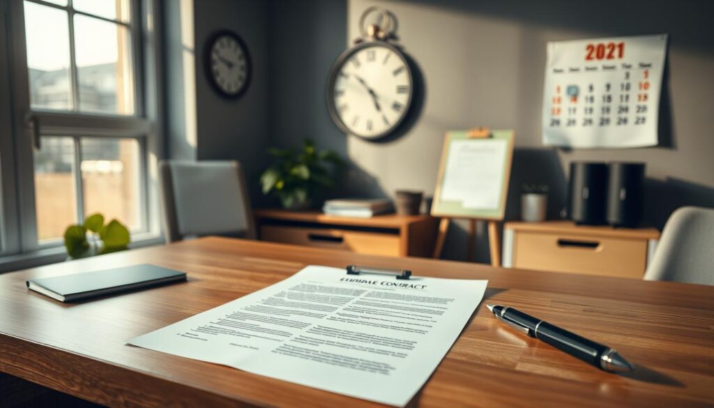 A well-lit office environment showcasing a professional workspace. In the foreground, an open employment contract is displayed on a sleek wooden desk, with a stylish pen beside it. In the middle ground, an elegant clock on the wall indicates working hours, while a calendar marked with important deadlines sits subtly next to a potted plant. The background features a large window allowing natural light to fill the room, casting soft shadows. The atmosphere is focused and serious, conveying the importance of understanding contractual regulations. Shot with a Sony A7R IV at 70mm, ensuring sharp details and deep depth of field using a polarized filter for enhanced clarity.