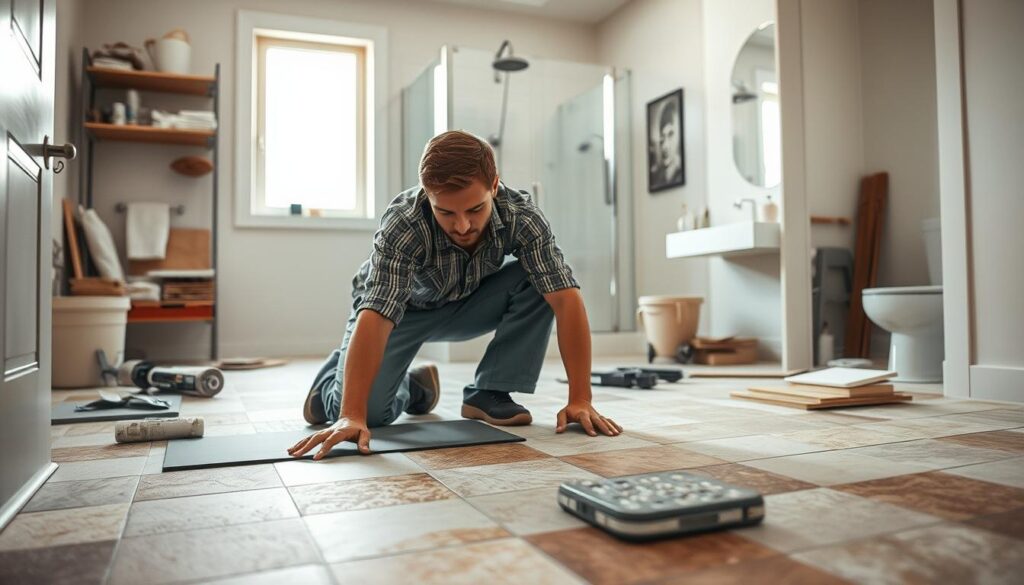 A well-organized bathroom renovation process, featuring a clean and modern setting. In the foreground, a professional tile installer, dressed in smart casual work attire, is diligently laying tiles on the floor, showcasing various tiles in earthy tones. The middle ground features tools and materials like adhesive, grout, and tile samples neatly arranged on a workbench. In the background, partially completed bathroom walls with fresh paint and installed fixtures are visible, emphasizing a sense of progress. The scene is bathed in soft, natural light filtering through a window, creating an inviting and productive atmosphere. Captured with a Sony A7R IV at 70mm, the focus is sharp and detailed, with a polarized filter enhancing the clarity of the scene.