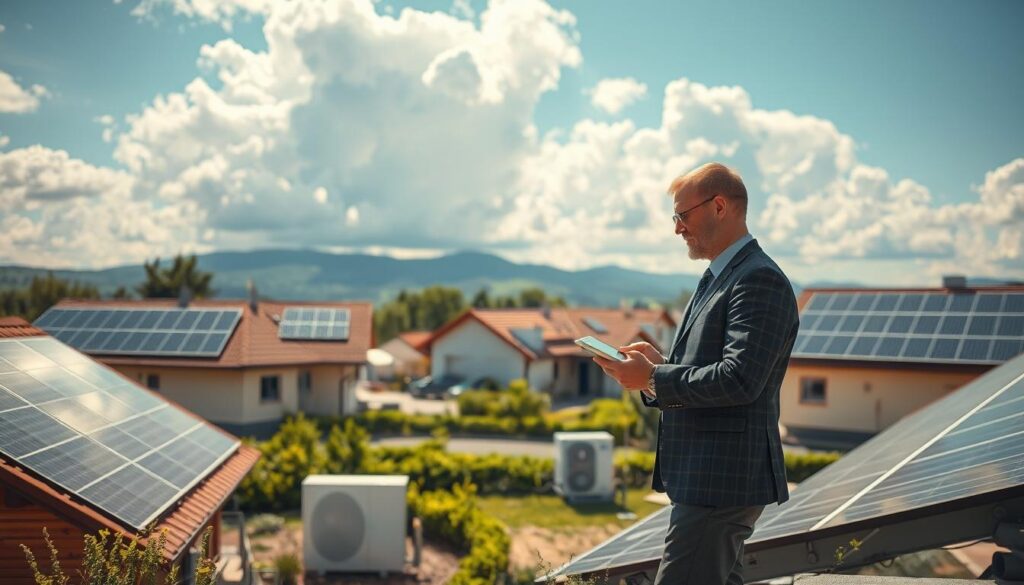 A well-organized installation of solar thermal systems in a scenic landscape, showcasing a combination of residential and commercial buildings with solar panels on their rooftops. In the foreground, a professional technician in business attire is examining the solarthermieanlagen with a tablet, demonstrating a modern approach to renewable energy. The middle ground features a lush green garden and a contemporary heat pump setup, representing energy efficiency. In the background, a brilliant blue sky with fluffy white clouds enhances the atmosphere of innovation and sustainability. The lighting is warm and inviting, captured with a Sony A7R IV at 70mm, sharply focused with a polarized filter, emphasizing the glossy surfaces of the solar panels and the vibrant colors of the landscape.