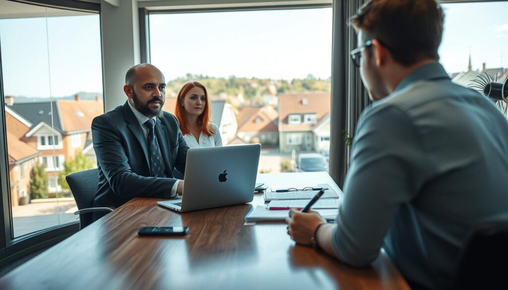 A well-organized meeting space showcasing a professional interaction between a tradesperson and a client, set in a bright, modern office. In the foreground, the tradesperson, dressed in a neat, professional outfit, is sitting at a polished wooden desk with a laptop open, demonstrating confidence and professionalism. The middle ground features the client, attentively listening, with a notepad and pen ready to jot down important questions. In the background, a large window allows natural light to flood the room, with a view of the quaint town of Bodenwerder, known for its craftsmanship. The atmosphere is one of collaboration and trust, emphasizing the importance of asking the right questions. Shot on Sony A7R IV 70mm, clearly focused and sharply defined, with a polarized filter enhancing the colors and clarity.