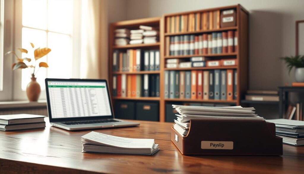 A well-organized office space showcasing recommendations for storing payslips. In the foreground, a wooden desk with neatly stacked payslips in an elegant, labeled file organizer. An open laptop displays a spreadsheet designed for budget management, reflecting a sense of professionalism. In the middle, a well-lit bookshelf filled with binders labeled by year, symbolizing efficient document retention. The background features a large window letting in soft, natural light, creating a bright and inviting atmosphere. The scene captures a sense of order and responsibility in financial management, with a warm color palette. Shot with a Sony A7R IV at 70mm, ensuring clarity and focus, enhanced by a polarized filter to reduce glare.