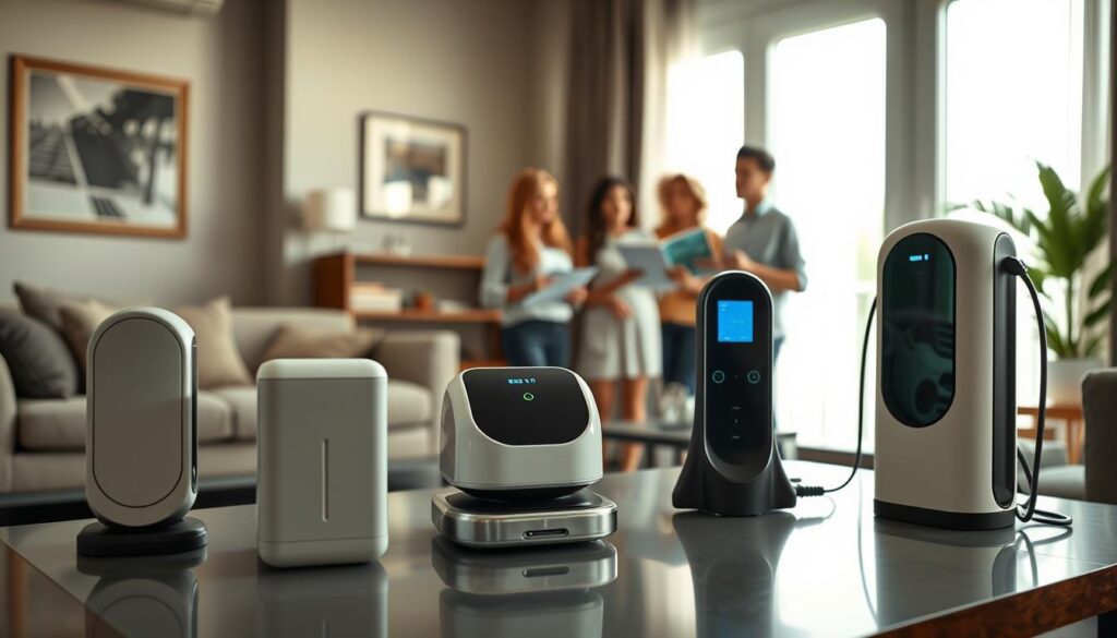 A well-organized selection of home electric vehicle charging stations displayed in a modern, stylish living room setting. In the foreground, three different charging station models are showcased on a sleek table, featuring various designs and colors. In the middle ground, a family is engaged in discussion, wearing professional summer attire, with one member pointing to a charging station brochure, symbolizing the selection process. The background features a bright window with natural light streaming in, illuminating the room, creating a warm and inviting atmosphere. Shot on a Sony A7R IV at 70mm, the image is sharply defined with a polarized filter, highlighting the details of the charging stations while maintaining an informative tone.