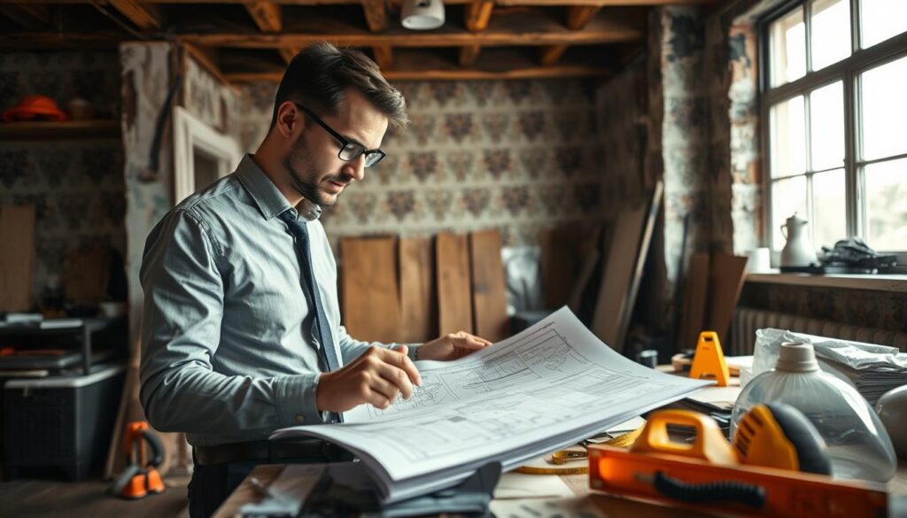 A well-organized workspace depicting the risks and benefits of independent renovation. In the foreground, a professional individual in smart casual attire examines building plans with a focused expression, surrounded by renovation tools like a spirit level and measuring tape. In the middle, showcasing a partially restored room with exposed beams and vintage wallpaper, illustrating the challenges of asbestos removal and structural repairs. The background includes a window with natural light streaming in, highlighting renovation materials and safety gear, such as a respirator. The mood is serious yet hopeful, emphasizing the potential for successful transformation. Captured with a Sony A7R IV at 70mm, sharply defined with a polarized filter to enhance clarity and detail.