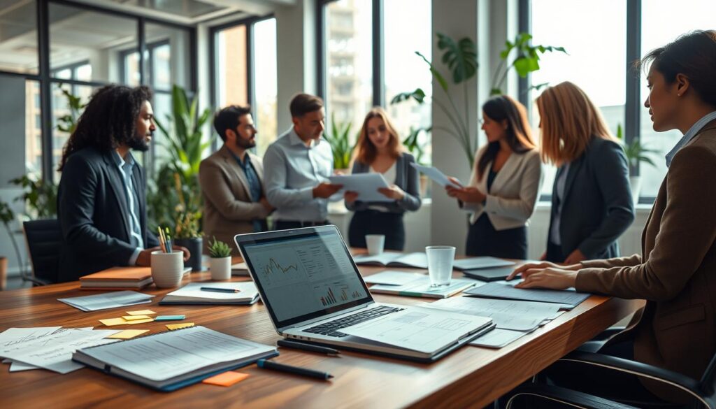 A well-organized workspace featuring a diverse group of professionals collaborating on time management techniques. In the foreground, a sleek wooden desk cluttered with planners, sticky notes, and a laptop displaying a digital calendar. In the middle, individuals engaged in discussion, dressed in professional business attire, including a male and female team member brainstorming over charts and graphs. In the background, large windows allow natural light to flood in, creating a bright and motivating atmosphere, plants adding a touch of freshness. Shot on Sony A7R IV at 70mm, with a sharply defined focus on the desk and team members, utilizing a polarized filter for enhanced clarity and color contrast. The mood is productive and inspiring, emphasizing effective goal orientation in daily life.