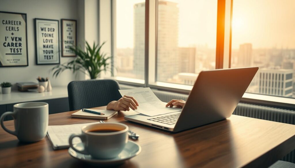 A well-organized workspace featuring a person in professional business attire, intently completing a career test on a sleek laptop. In the foreground, a cup of coffee and a notepad filled with notes can be seen. The middle section showcases a modern desk adorned with motivational posters and a plant. In the background, a light-filled room with large windows offers a view of a bustling city. The lighting is warm and inviting, accentuating a sense of focus and determination. Shot on a Sony A7R IV with a 70mm lens, the image is clearly focused and sharply defined, utilizing a polarized filter to enhance colors and contrasts, creating an atmosphere of productivity and clarity.