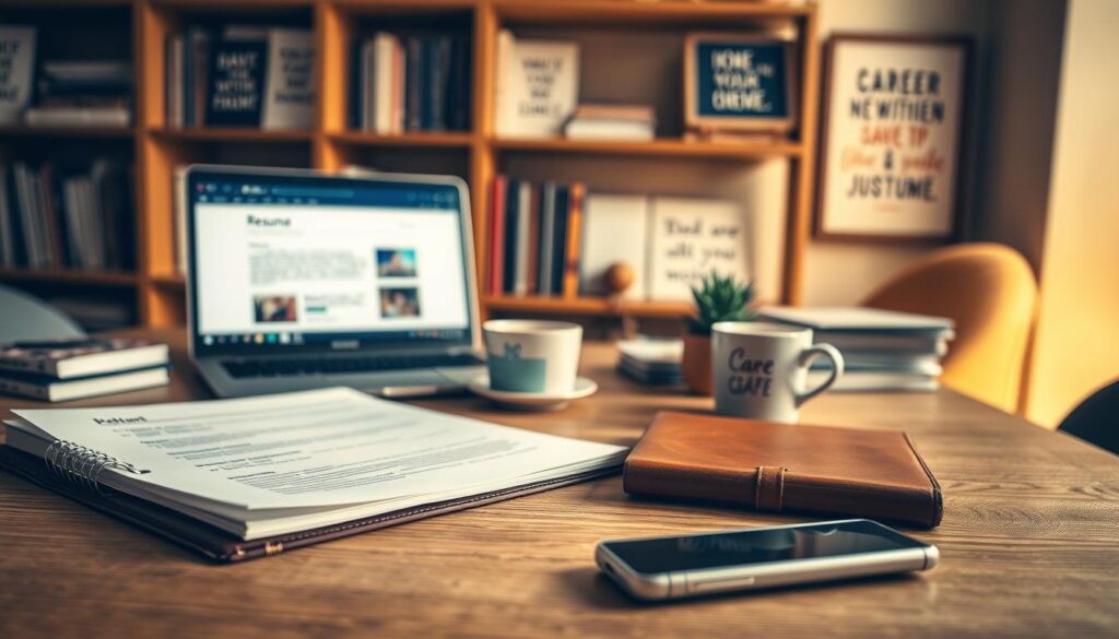A well-organized workspace setup for a job interview preparation. In the foreground, a neatly arranged table with essential items: a professional portfolio, a polished resume, a leather notebook, a pen, and a smartphone. In the middle ground, a laptop open to a job search website, surrounded by a cup of coffee and a small plant for a touch of nature. The background features a soft-focus bookshelf filled with career development books and inspirational quotes framed on the wall. The lighting is warm and inviting, creating a motivational atmosphere, captured with a Sony A7R IV at 70mm, sharply defined and clearly focused, using a polarized filter to enhance colors and contrast.