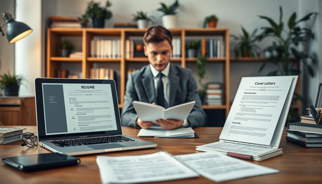 A well-organized workspace showcasing the preparation process for job applications. In the foreground, a neatly arranged desk features a laptop open to a professional resume template, alongside printed cover letters and a notepad filled with notes. On the middle plane, a focused individual dressed in professional business attire is reviewing documents, looking thoughtful and determined. In the background, a soft blur of a bookshelf filled with career development books and plants adds a warm, inviting atmosphere. The lighting is soft and ambient, emphasizing a sense of productivity and focus. Shot on a Sony A7R IV at 70mm, the image is clearly focused and sharply defined, enhanced with a polarized filter to reduce glare and enrich colors.