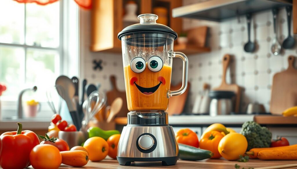 A whimsical and engaging kitchen appliance personification, featuring a friendly blender with big expressive eyes and a smiling face, surrounded by colorful fruits and vegetables. The blender stands prominently in the foreground, with a shiny stainless steel base and a vibrant pitcher filled with blended smoothie. In the middle ground, various kitchen gadgets like whisks, spatulas, and cutting boards create a lively environment that suggests culinary creativity. The background showcases a warm, inviting kitchen with soft natural lighting coming through a window, enhancing the cheerful atmosphere. The shot is taken with a Sony A7R IV at 70mm, ensuring clear focus and sharp definition with a polarized filter to bring out the vivid colors. The overall mood is fun and playful, inviting the viewer to engage with the concept of kitchen identity.