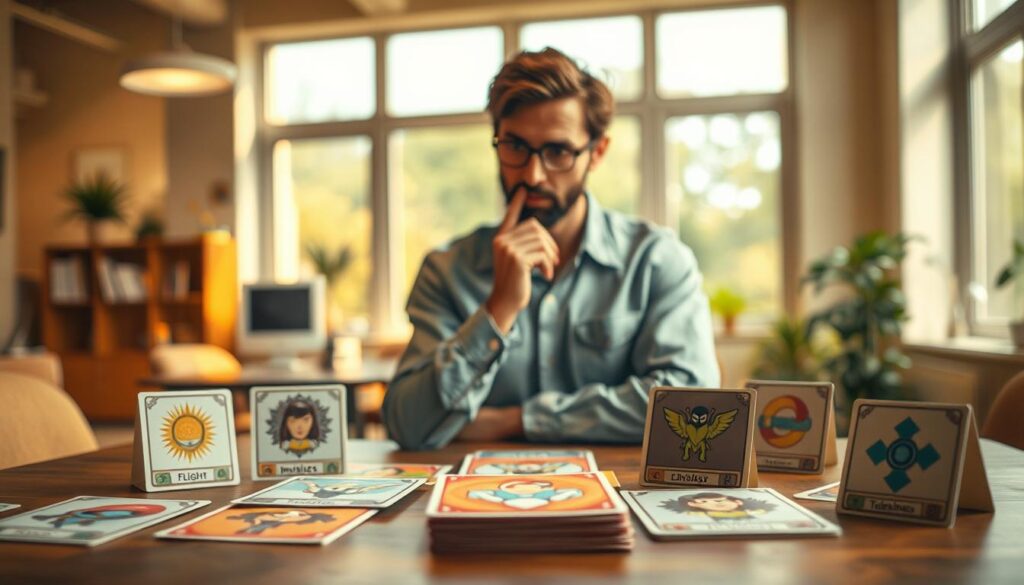 A whimsical scene illustrating the theme of "choosing a superpower." In the foreground, a table is adorned with colorful selection cards featuring various superpowers such as flight, invisibility, and telekinesis. Each card is beautifully illustrated, showing vibrant and engaging designs. In the middle ground, a thoughtful individual, dressed in modest casual clothing, is pondering over the cards, with a finger on their chin and a contemplative expression. The background features a bright, cheerful office space with large windows letting in warm, natural light. Soft bokeh effects gently blur the edges of the scene, creating a dreamy atmosphere while maintaining sharp focus on the table and the individual. Shot on a Sony A7R IV, 70mm lens, with a polarized filter to enhance colors and contrast.