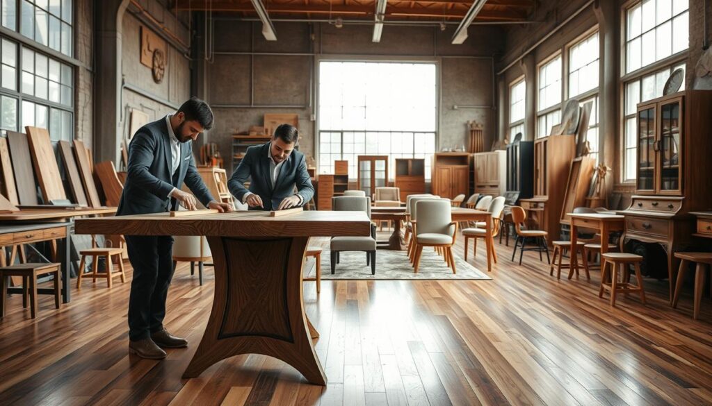 A workshop scene showcasing skilled craftsmen in a high-end furniture production facility, focusing on custom furniture solutions. In the foreground, two artisans in professional business attire are meticulously assembling a sophisticated wooden dining table, highlighting intricate joinery and fine details. The middle ground features a variety of uniquely designed furniture pieces, such as chairs and cabinetry, displayed on polished hardwood floors. In the background, large windows allow natural light to flood the space, creating a warm, inviting atmosphere while emphasizing the craftsmanship. The image is sharply defined, shot on a Sony A7R IV with a 70mm lens, complemented by a polarized filter to enhance the clarity and richness of the wood textures. The overall mood is one of creativity, innovation, and dedication to bespoke furniture design.